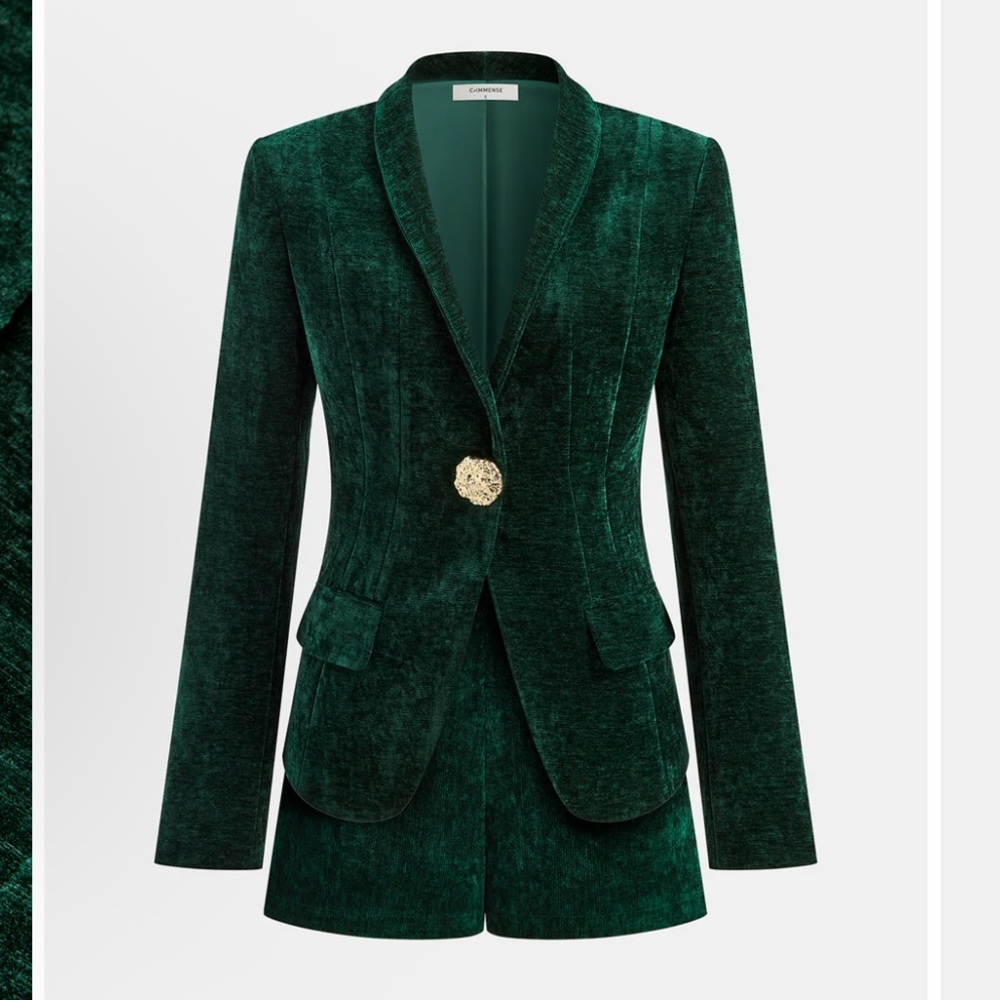 Metal Button Velvet Blazer and shorts in Deep Green